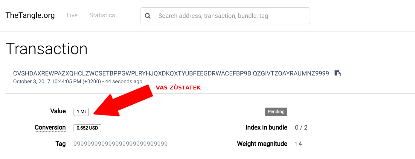 Aktuální zůstatek IOTA peněženky